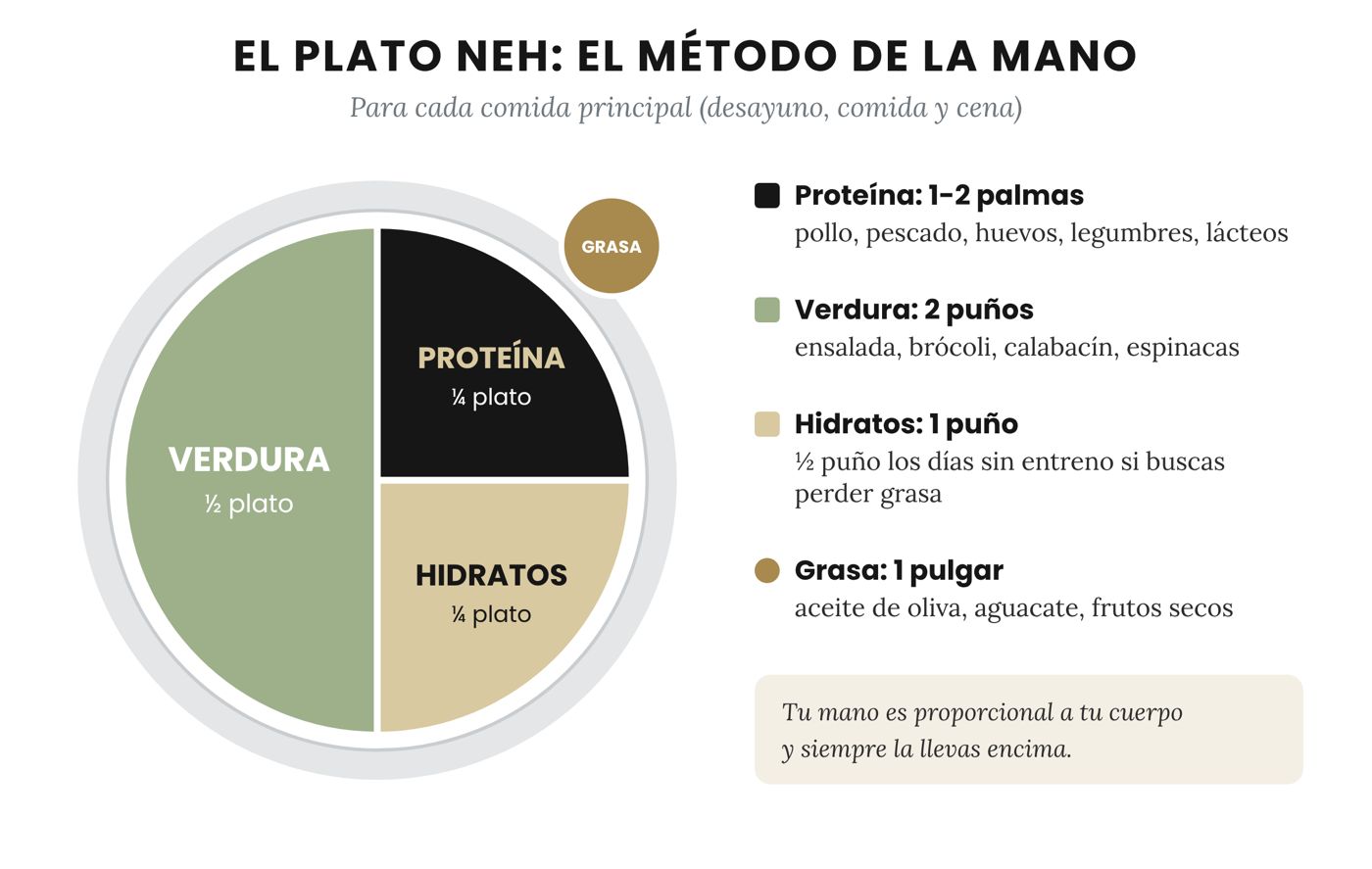 Infografía del plato NEH: medio plato de verdura, un cuarto de proteína, un cuarto de hidratos y un pulgar de grasa
